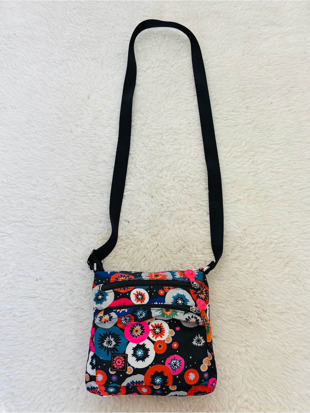 Kipling Floral Dot Crossbody Bag in Black, Orange, Pink & Blue size 7”x7”x2” - Picture 16 of 16